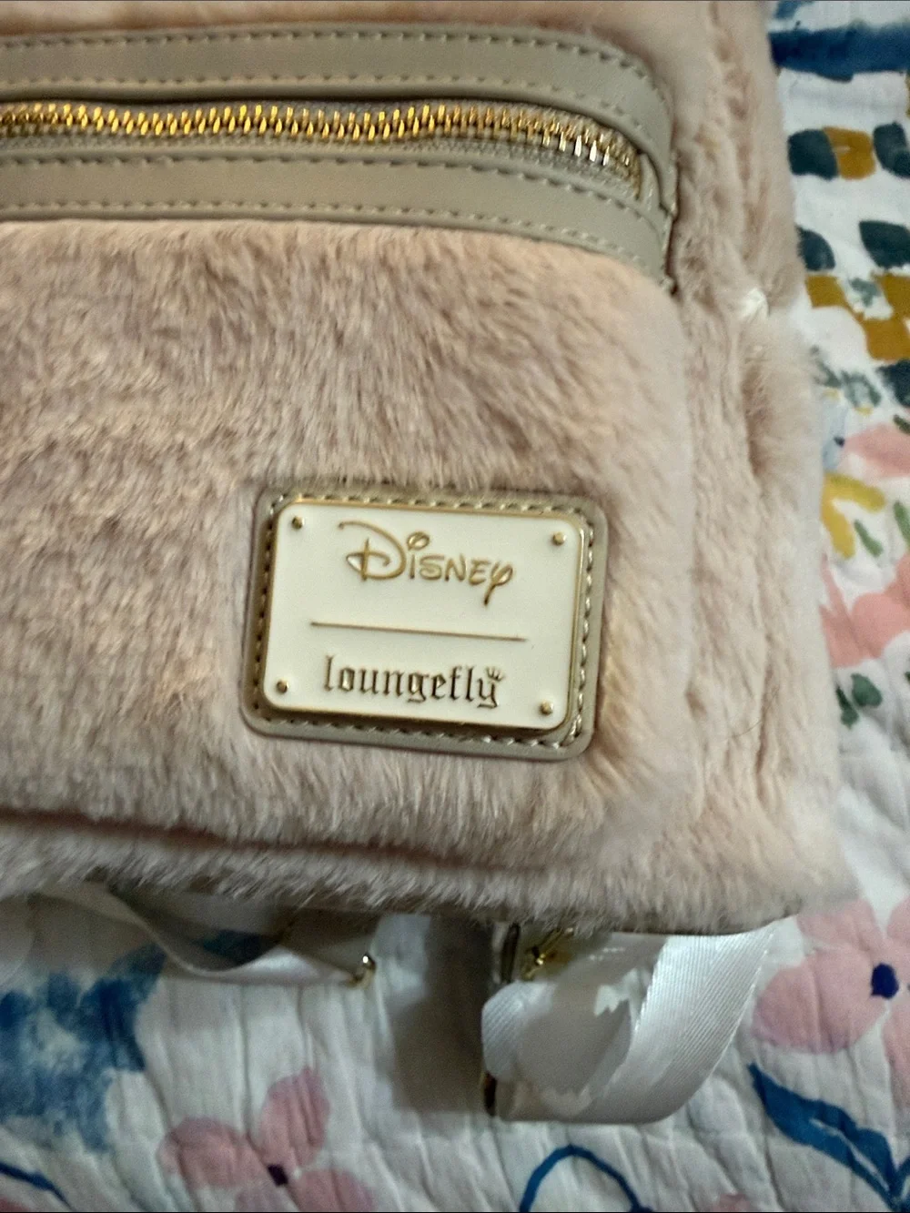 Loungefly Cream Faux Fur Kids Backpack with Cream Bow and Gold Accents